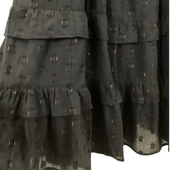 Oliphant Smocked Top Ruffle Tiered Midi Length Dress Midnight Black Gold Small - Picture 7 of 15